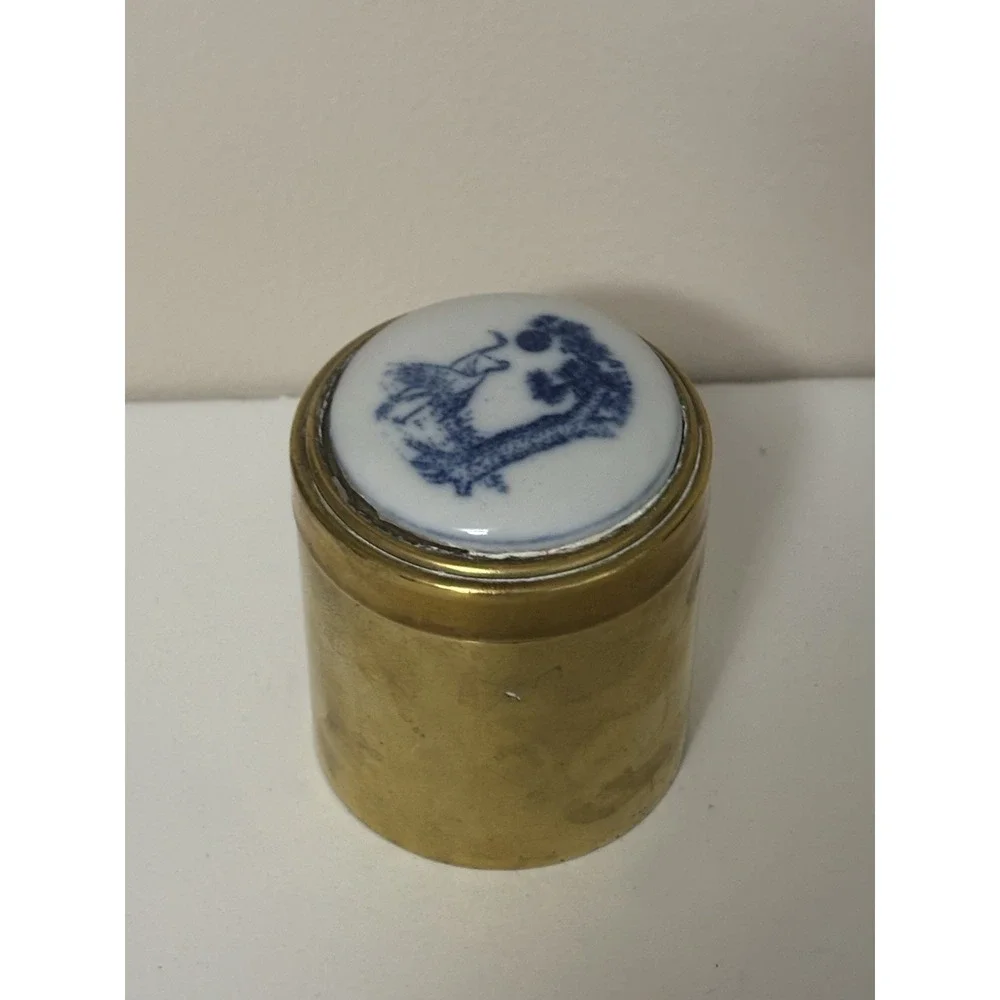 Round Brass Container with Removable Ceramic Painted Chinoiserie 2 Cranes Lid